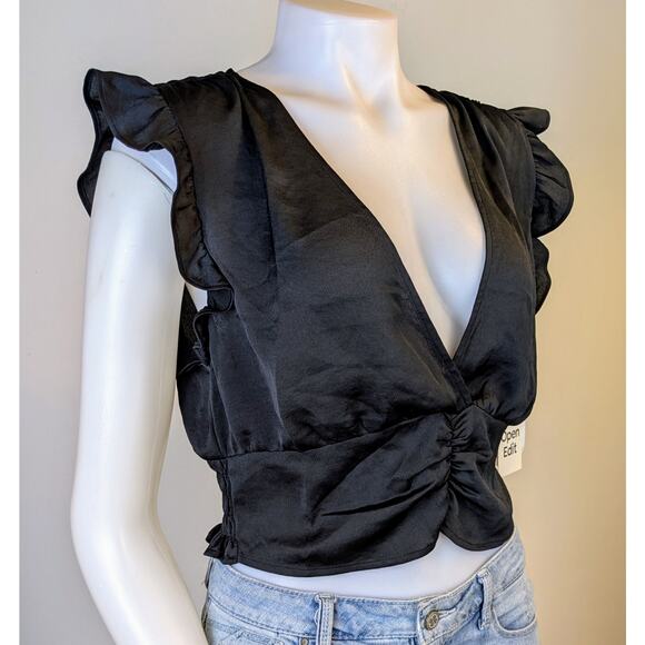 NEW Open Edit Ruffle Ruched Satin Crop Top Large Black Deep V Flutter Sleeve - Picture 5 of 11